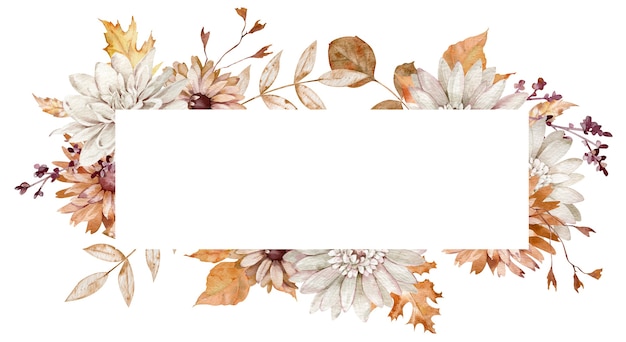 Photo watercolor horizontal frame with fall flowers and leaves. orange and white autumn. floral template.