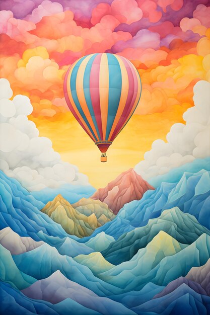 watercolor hot air balloon in the mountains