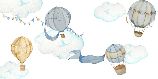 watercolor hot air balloons with garlands clouds children s illustration in blue and beige pastel colors background for childrens room posters textile packaging stationery clothing