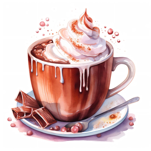 watercolor hot chocolate with whipped cream illustration isolated on white background