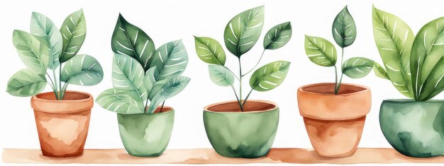 Watercolor houseplants Several famous plants in pots on a white background