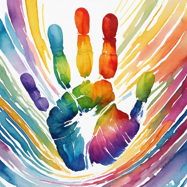 写真 アクアカラー 人間の手印 虹の色で描かれた 世界自閉症意識の日 子供の日