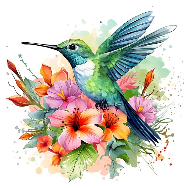 Watercolor Hummingbird a Cute Bird Surrounded by Orchids Flo on White Background Digital Art