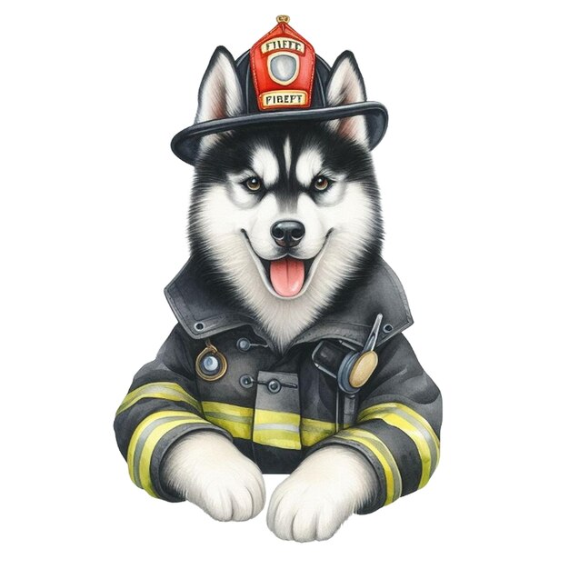 Watercolor Husky Dog FireFighter Clipart