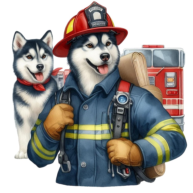 Watercolor Husky Dog FireFighter Clipart