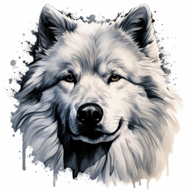 Watercolor Husky Wolf Head Painting With Overexposure Effect