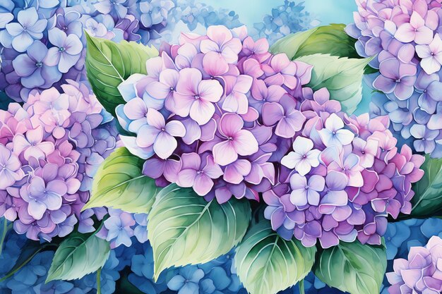 Photo watercolor hydrangea flower background watercolor illustration