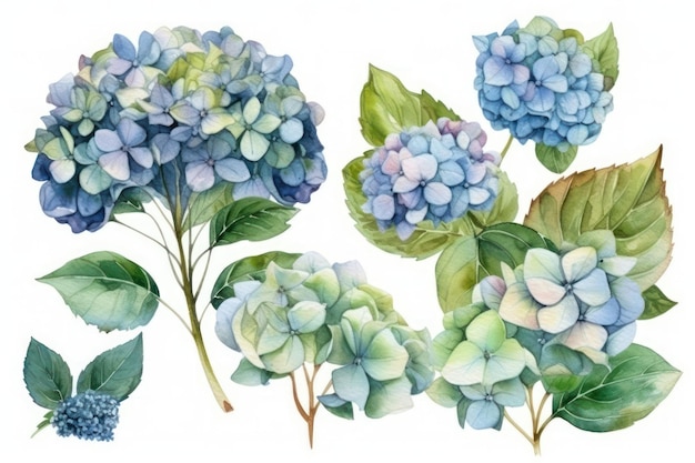 Watercolor Hydrangea Set for Wedding Decorations on White Background