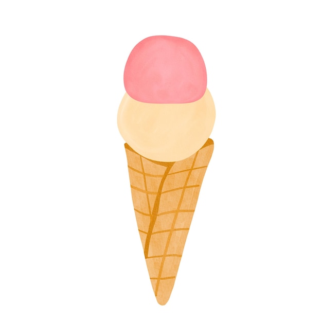 Watercolor ice cream in waffle cone. Summer cold sweet tasty food. Hand painted ice cream isolated