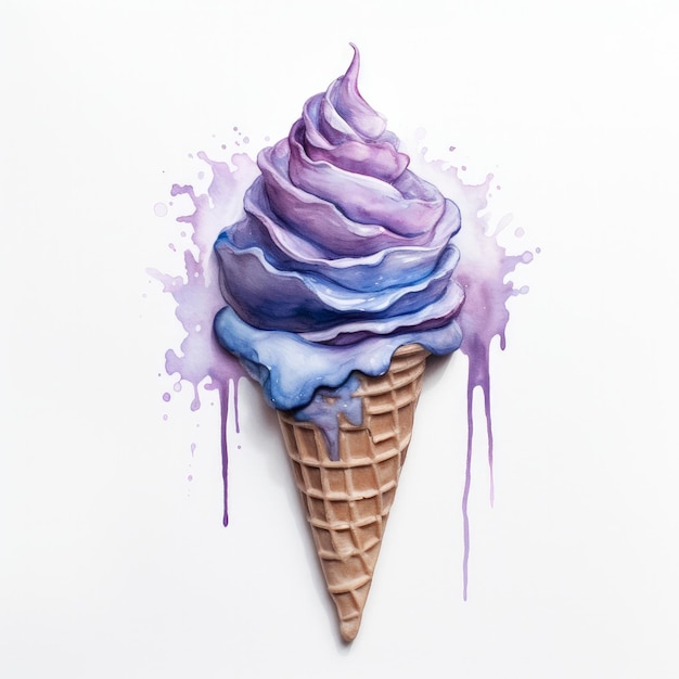 Watercolor ice cream in a waffle cone