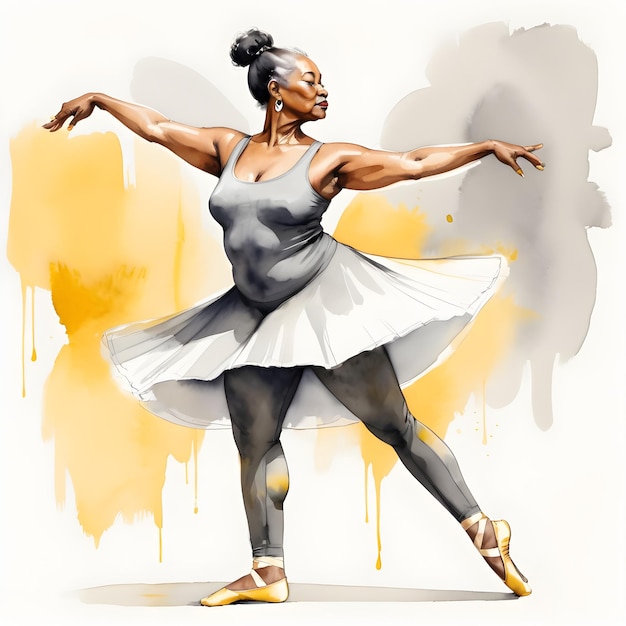 Watercolor illustration of a 70yearold ballerina dancing