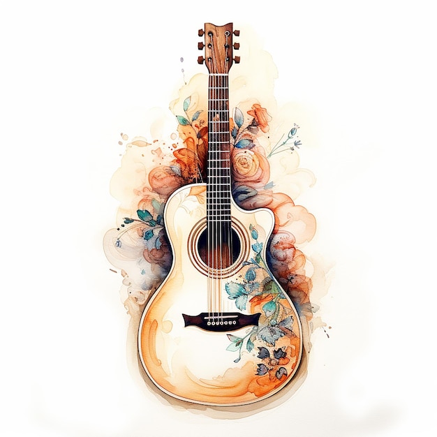 акварельная иллюстрация акустической гитары
