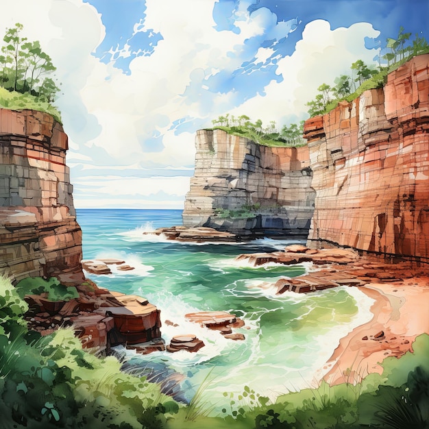 Watercolor illustration of an aerial view from above of a coastal cliffs