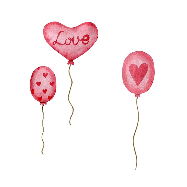 Photo watercolor illustration air balloons isolated on white background valentines day