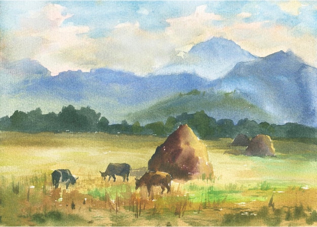 Watercolor illustration of an alpine meadow with haystacks grazing cows trees and mountains.