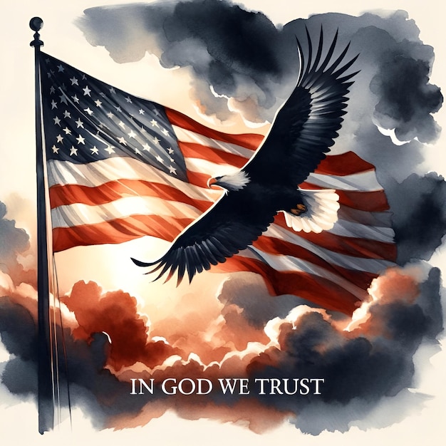 Watercolor illustration of an american flag and a bald eagle in flight with text in god we trust