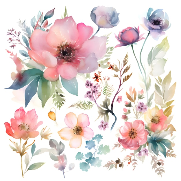 Watercolor illustration of anemone flowers leaves and twigs