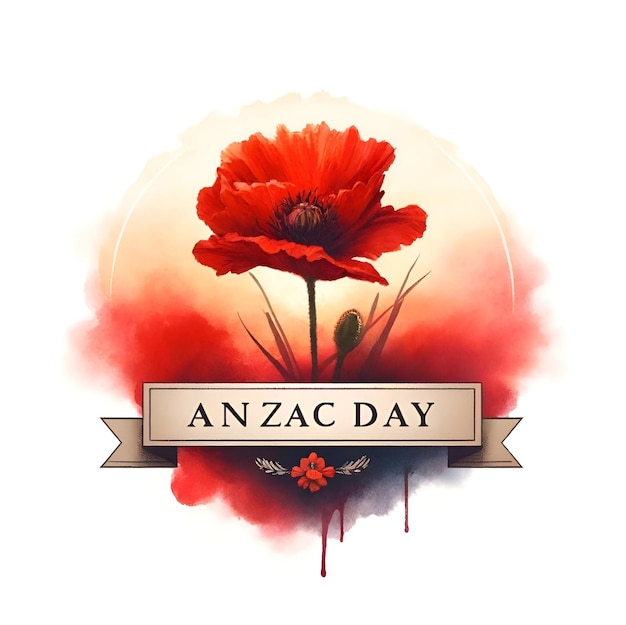 Watercolor illustration for anzac day with red poppy flower