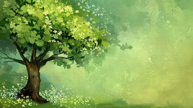 Иллюстрация акварелью День дерева Большое зеленое дерево Зелёный луг Маргаритки винтажный стиль копировать пространство место для текста