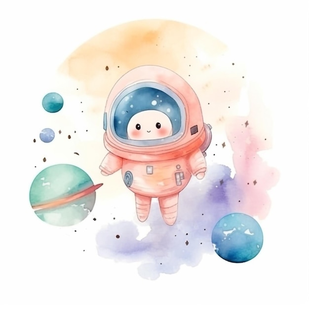 A watercolor illustration of a astronaut in a pink suit with a planet and stars.