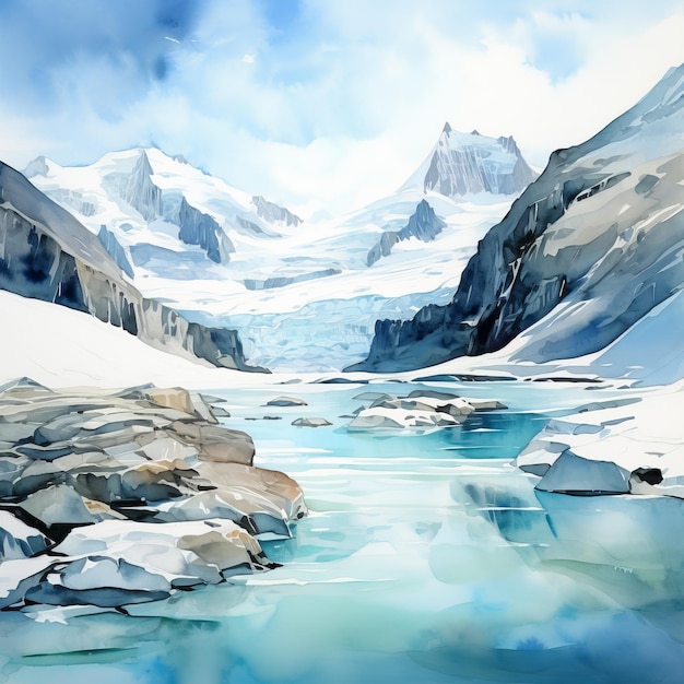 Watercolor Illustration Of Athabasca Glacier In Realistic Landscape Style