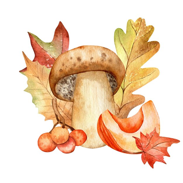 watercolor illustration autumn composition hand drawn autumn leaves mushrooms orange berries pumpkin