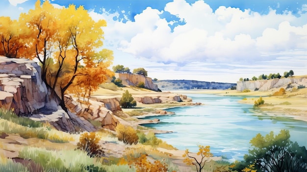 Watercolor Illustration Of Autumn Rocky Landscape With River