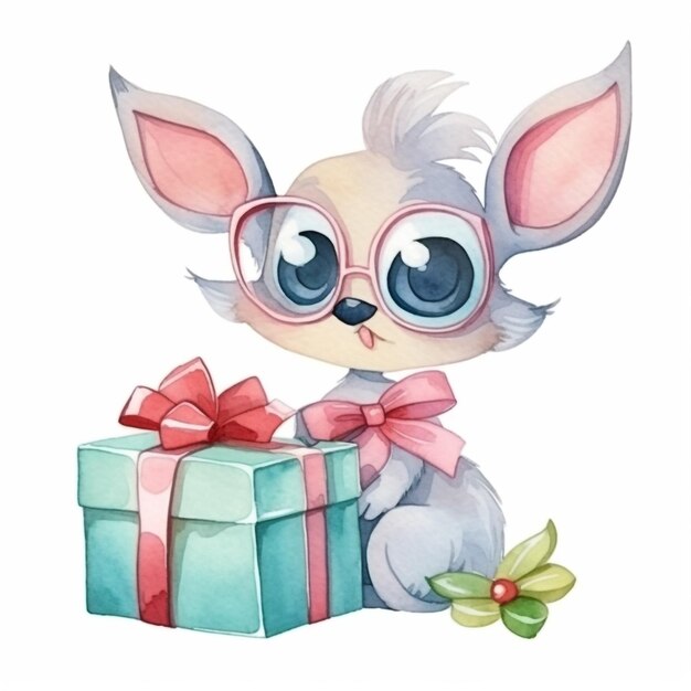 Watercolor illustration of a baby animal with a christmas present.