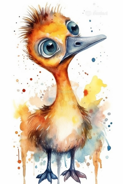 Watercolor illustration of a baby bird with big eyes.