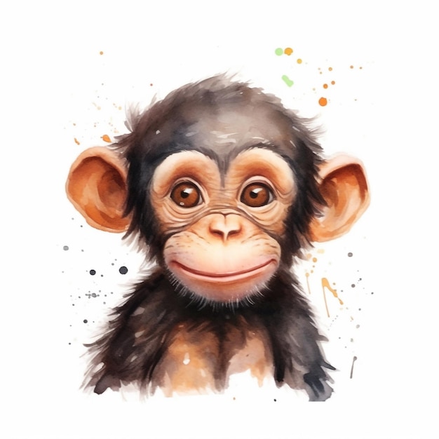 Watercolor illustration of a baby chimpanzee