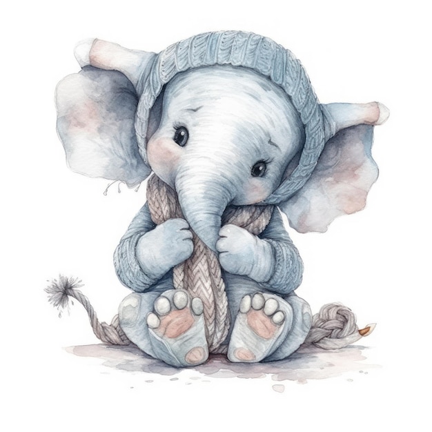 Watercolor illustration of a baby elephant wearing a knitted hat and sweater.