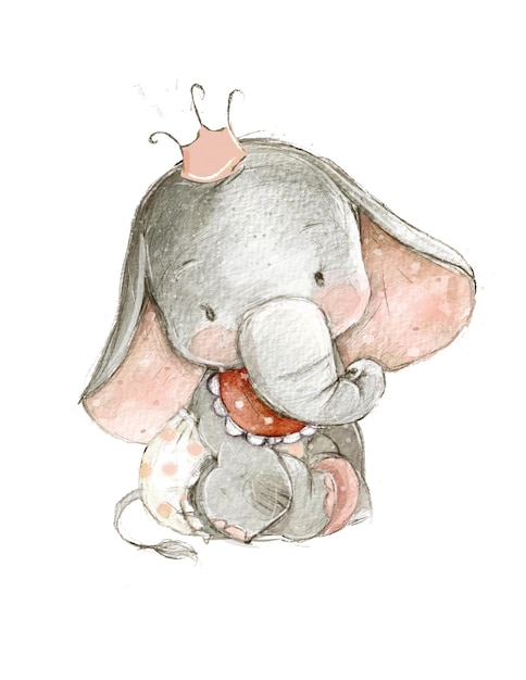 watercolor illustration of a baby elephant with a crown on her head.
