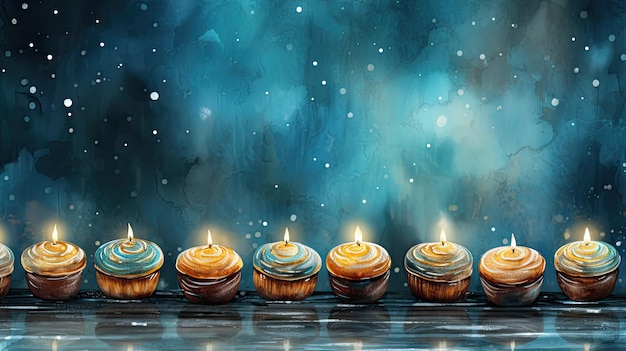 Photo watercolor illustration of background composition of holiday candles on blue night sky