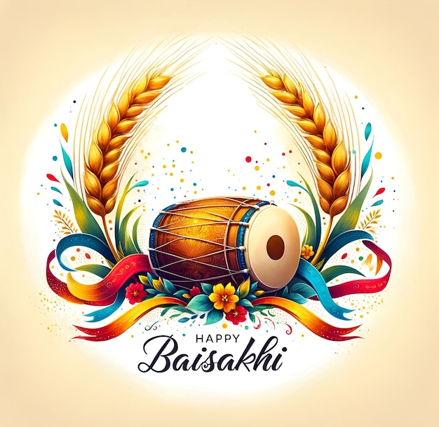 Акварельная иллюстрация для байсаки с дхолом и пшеничным венком