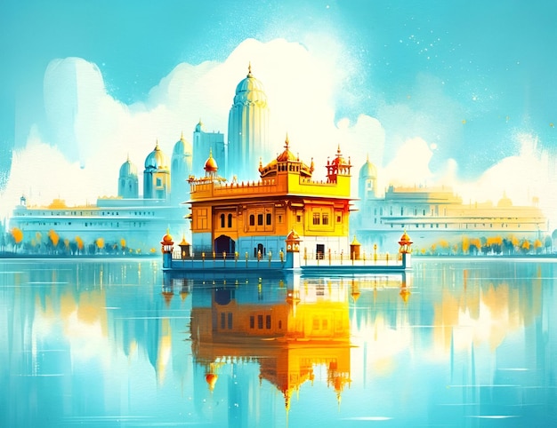 Watercolor illustration for baisakhi with a golden temple