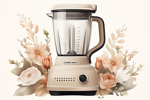 Photo watercolor illustration of baking blender with flowers