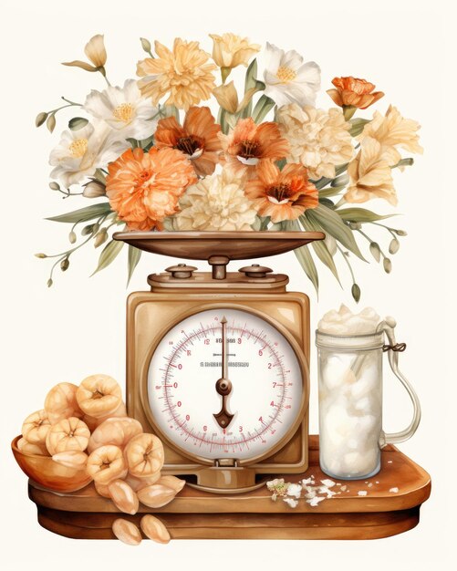 Watercolor illustration of baking weighing scale with flowers