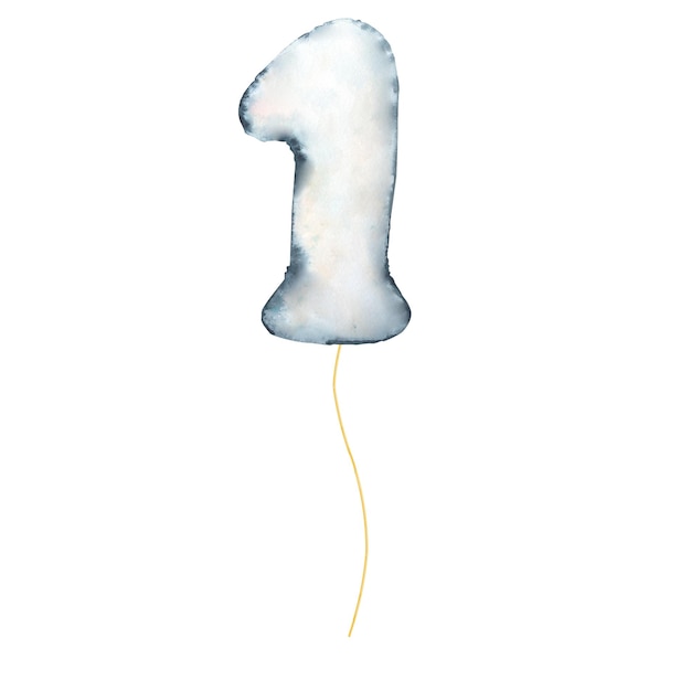Акварельная иллюстрация воздушного шара в виде единицы на белом фоне для детских открыток на день рождения