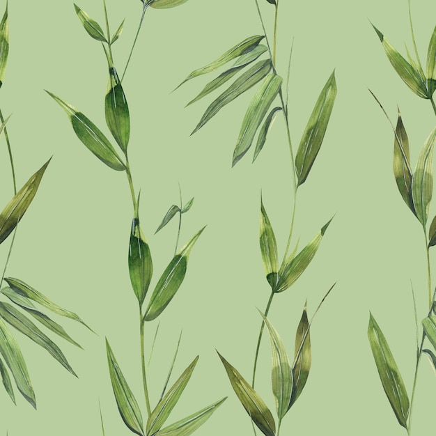 Watercolor illustration of bamboo leaves and twigs The ornament is in a seamless pattern delicate light green Design for fabric textiles wallpaper scrap paper print