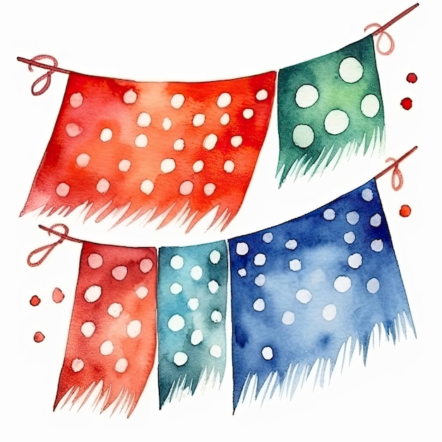 A watercolor illustration of a banner with a red and blue flags