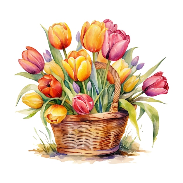 Watercolor illustration of a basket with tulips.