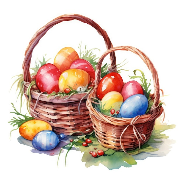 Watercolor illustration of baskets with eggs for Easter