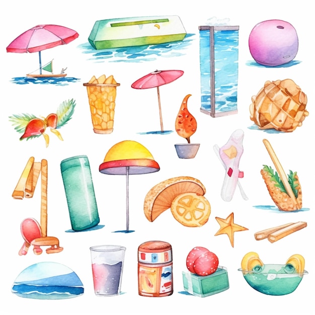 A watercolor illustration of a beach scene including a beach ball, a beach ball, a beach ball, a beach ball, a beach ball, a beach ball, a starfish, a