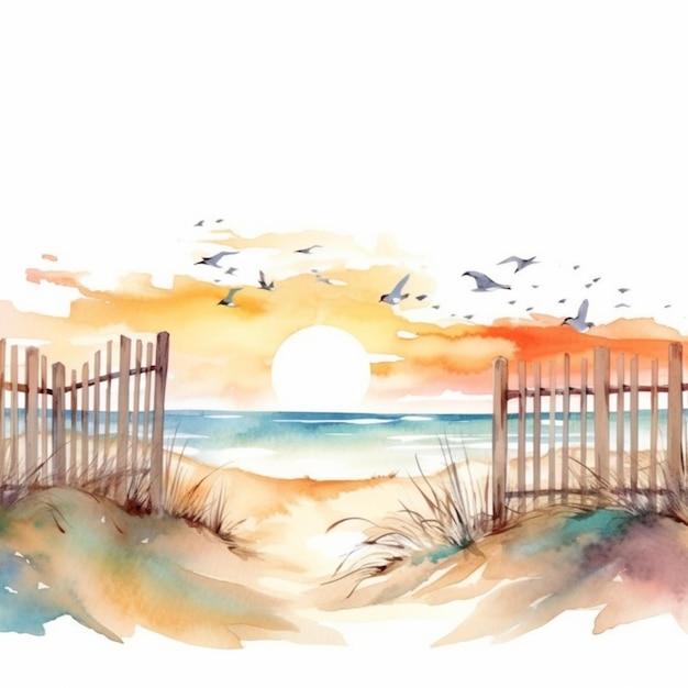 Watercolor illustration of a beach with a fence and the seagulls.