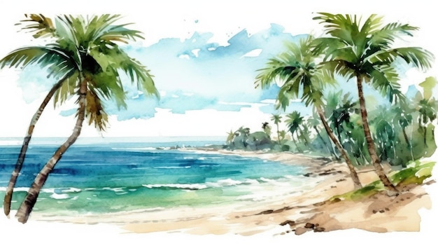 Watercolor illustration of a beach with palm trees.