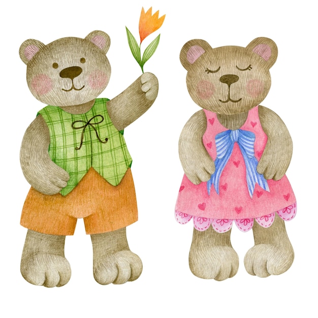 Watercolor illustration bear gives flowers to the bear