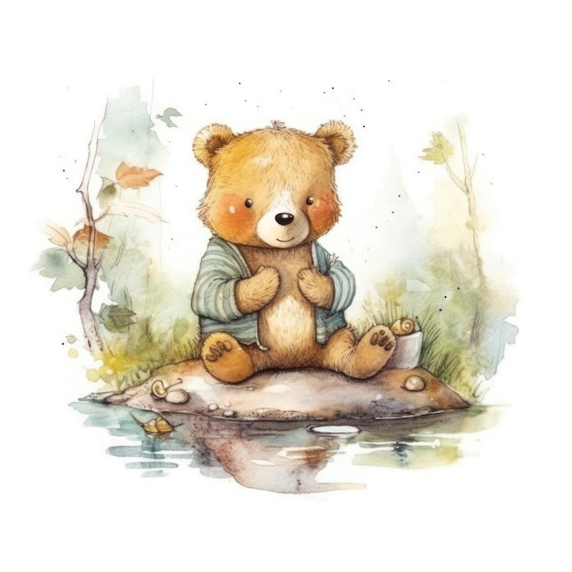 A watercolor illustration of a bear sitting on a rock in a forest.