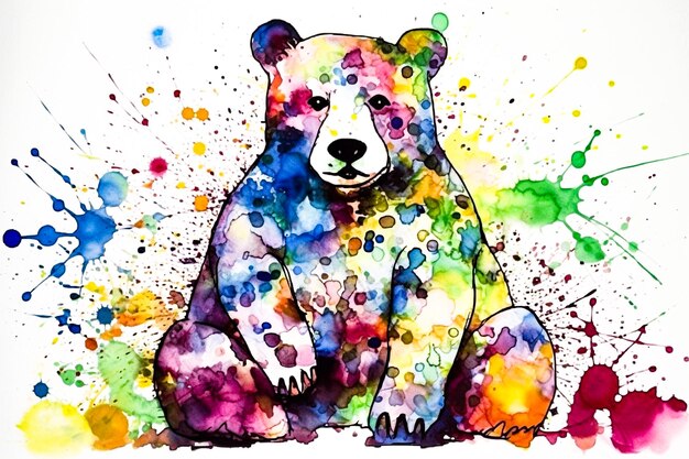 Watercolor illustration of a bear in vibrant paint splatters ai generation