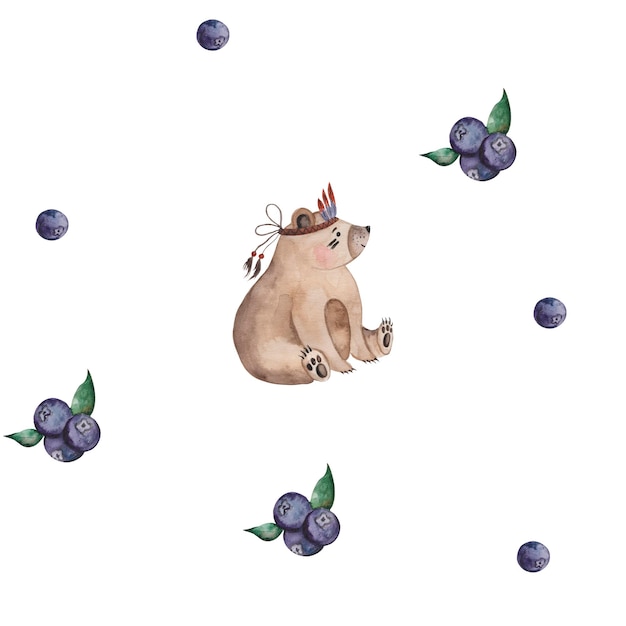 Watercolor illustration of a bear with blueberries on the background