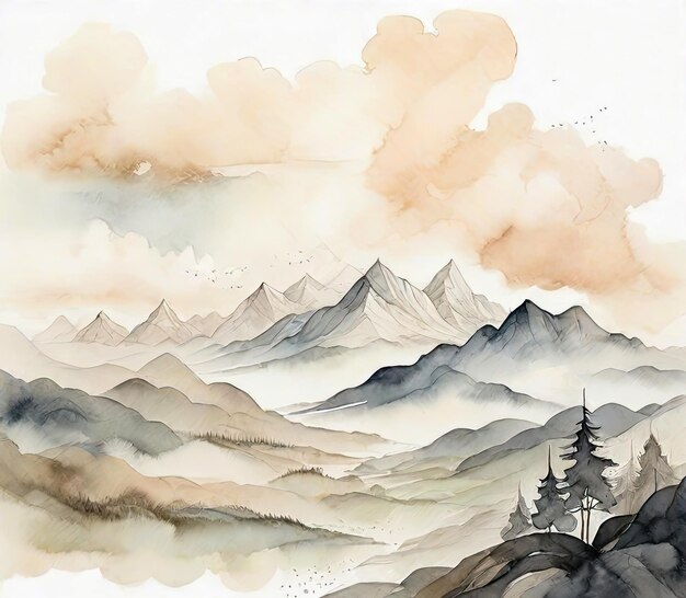 Photo watercolor illustration of beautiful calm landscape scenic nature view painting